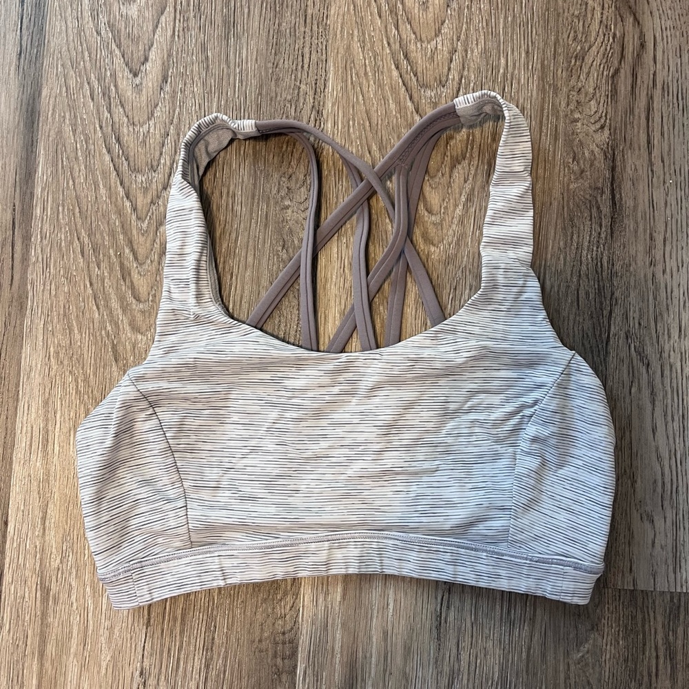 Lululemon sports bra gray and white striped with purple straps